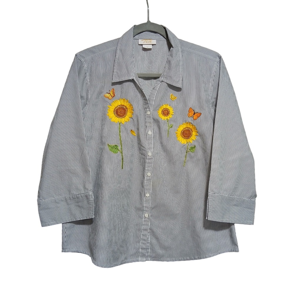 Tia Button Down Shirt Medium Striped Sunflower‎ Butterfly Embroidered
